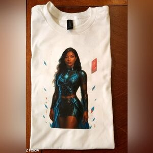 Custom Design! NWOT Women's White Graphic Tee with Blue Accents